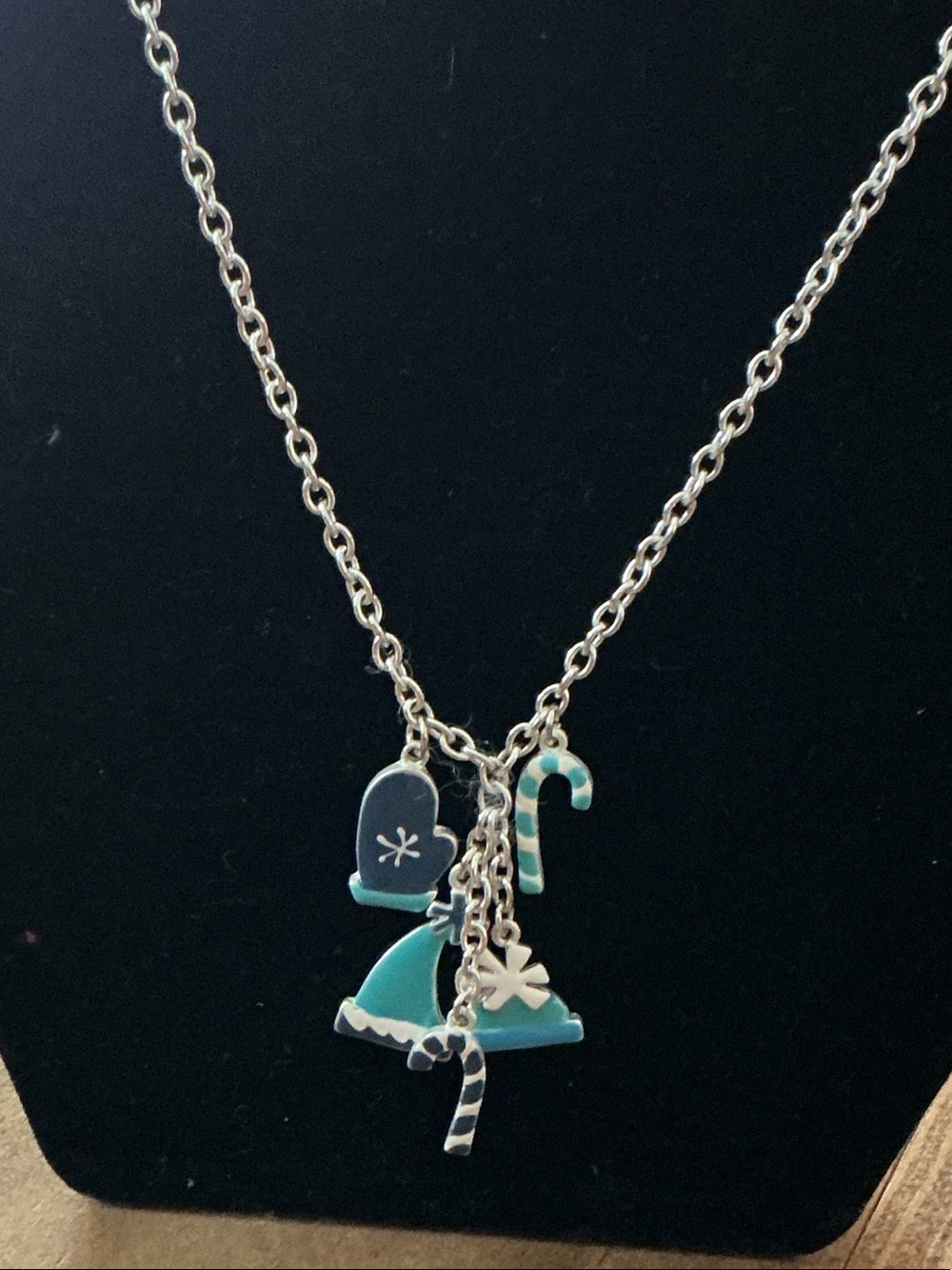 Silver tone Necklace with 5 Blue Winter Charms